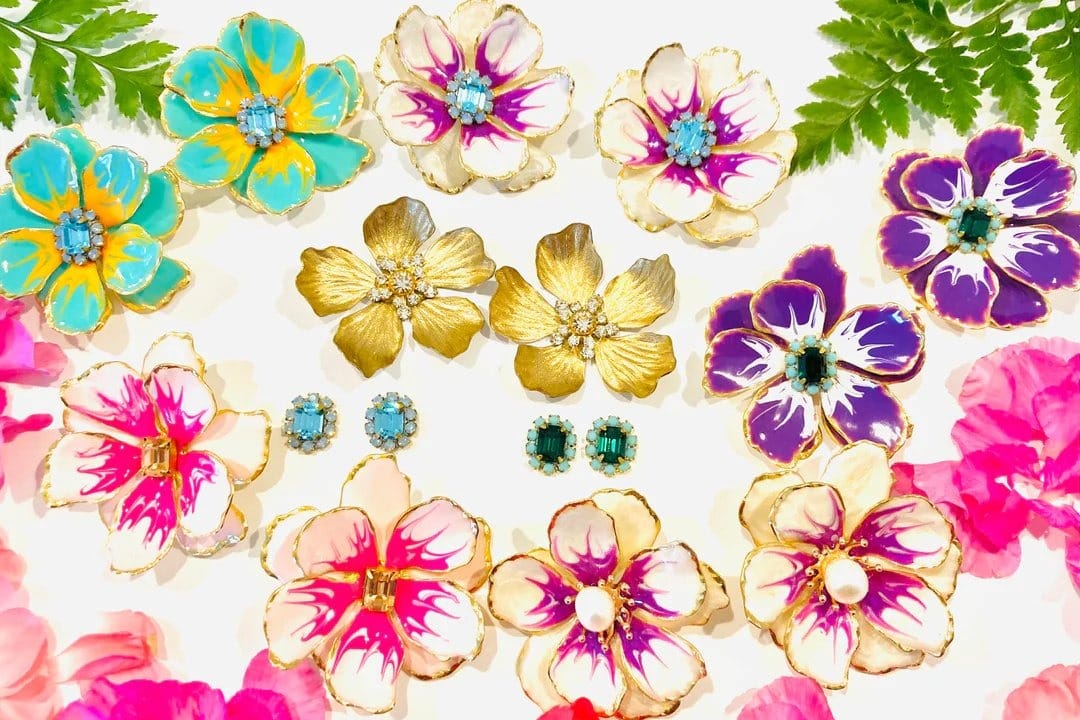 Assorted colorful floral earrings handmade by American artisans for The Pink Reef.