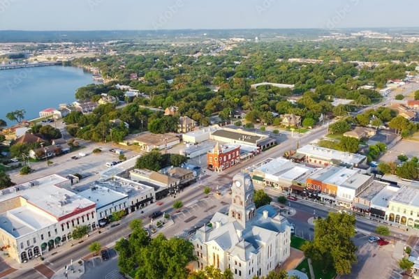 Aerial view of Granbury Town Square and Lake Granbury in Granbury, Texas.